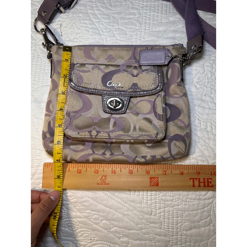 Coach Signature Jacquard Crossbody Bag Womens Small Purple Tan Monogram Zip